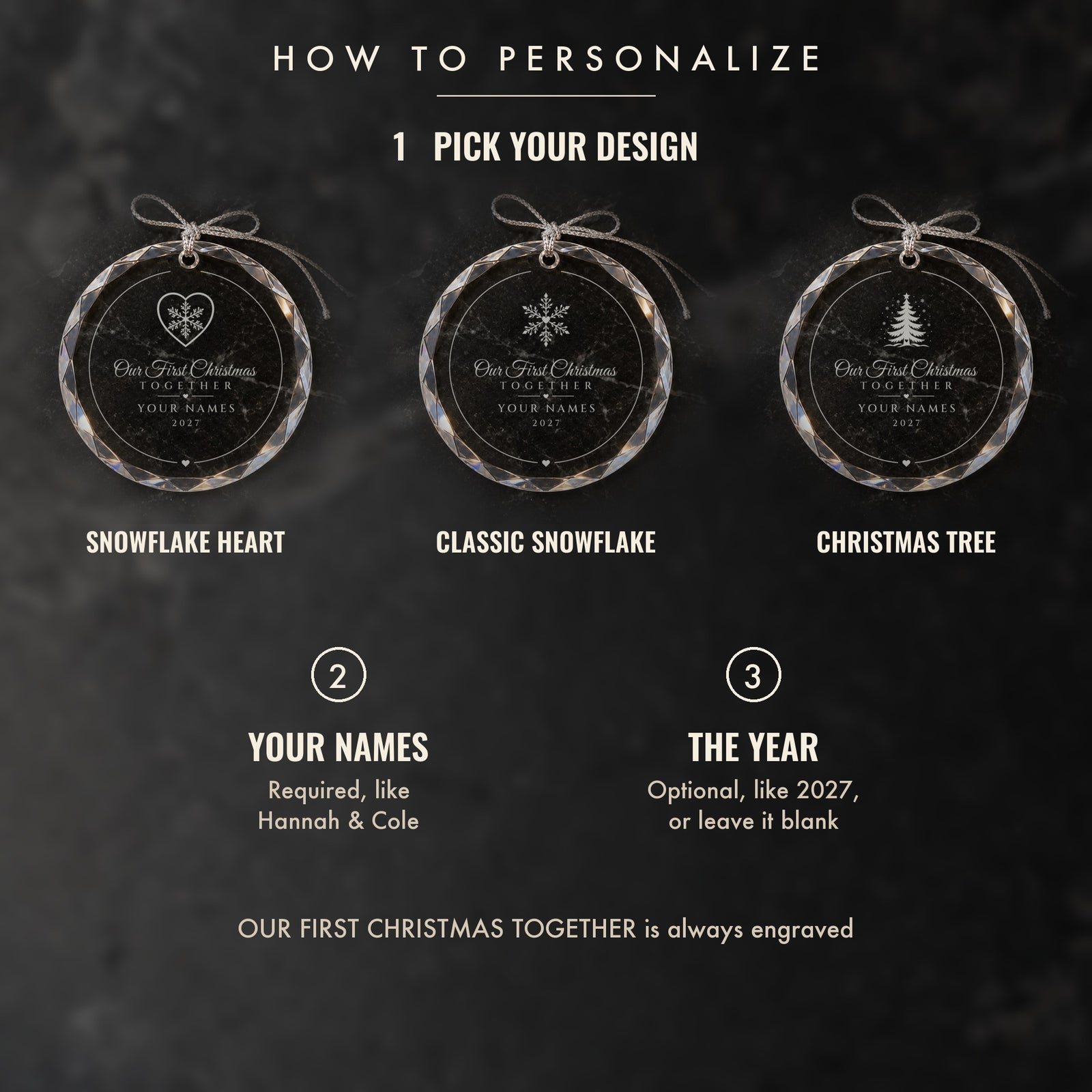 How to personalize the couples ornament: 1 pick Snowflake Heart, Classic Snowflake or Christmas Tree, 2 both names, 3 an optional year like 2027