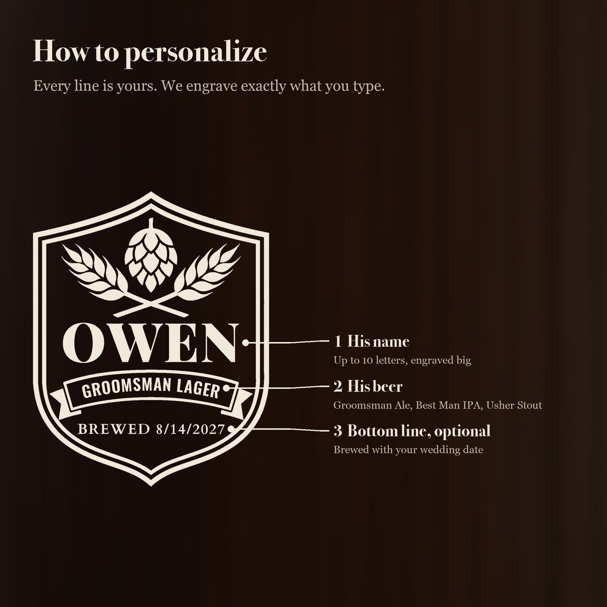 How to personalize the craft brewery groomsmen stein: his name engraved big, his own beer name on the ribbon and an optional wedding date line