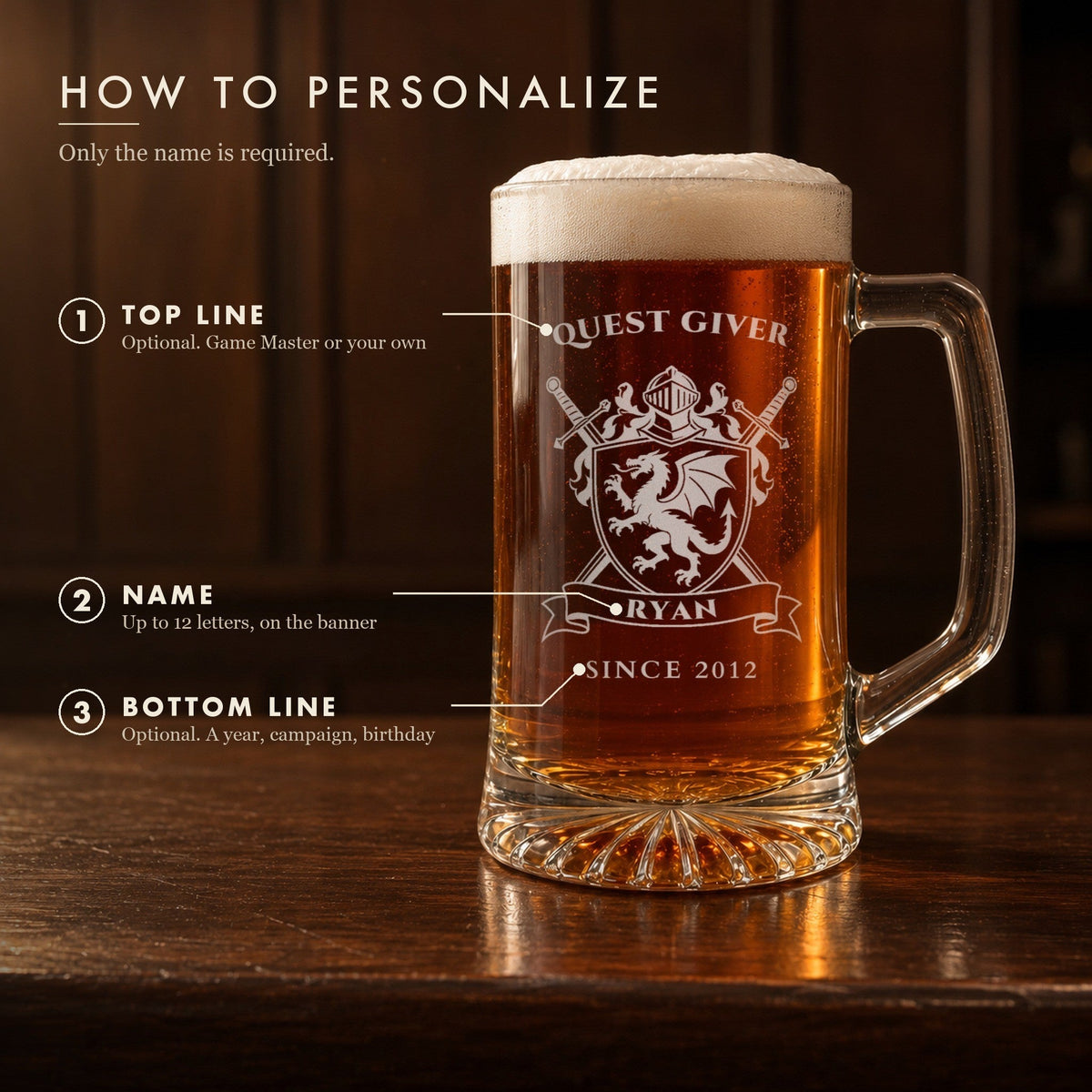 How to personalize the dragon crest groomsmen beer mug on a real stein: an optional title arched over the crest, his name on the banner and an optional bottom line