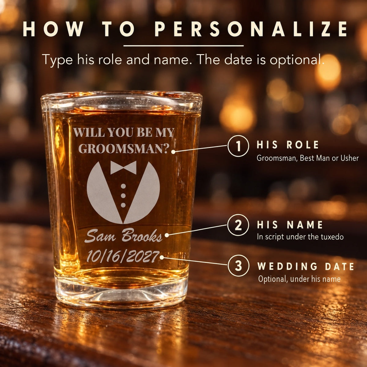 How to personalize the groomsman proposal shot glass: numbered guide to his role, his name in script and an optional wedding date under the tuxedo