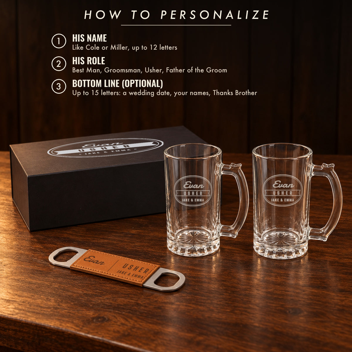 How to personalize the groomsmen beer mug set: his name, his role in the wedding and an optional bottom line of up to 15 letters