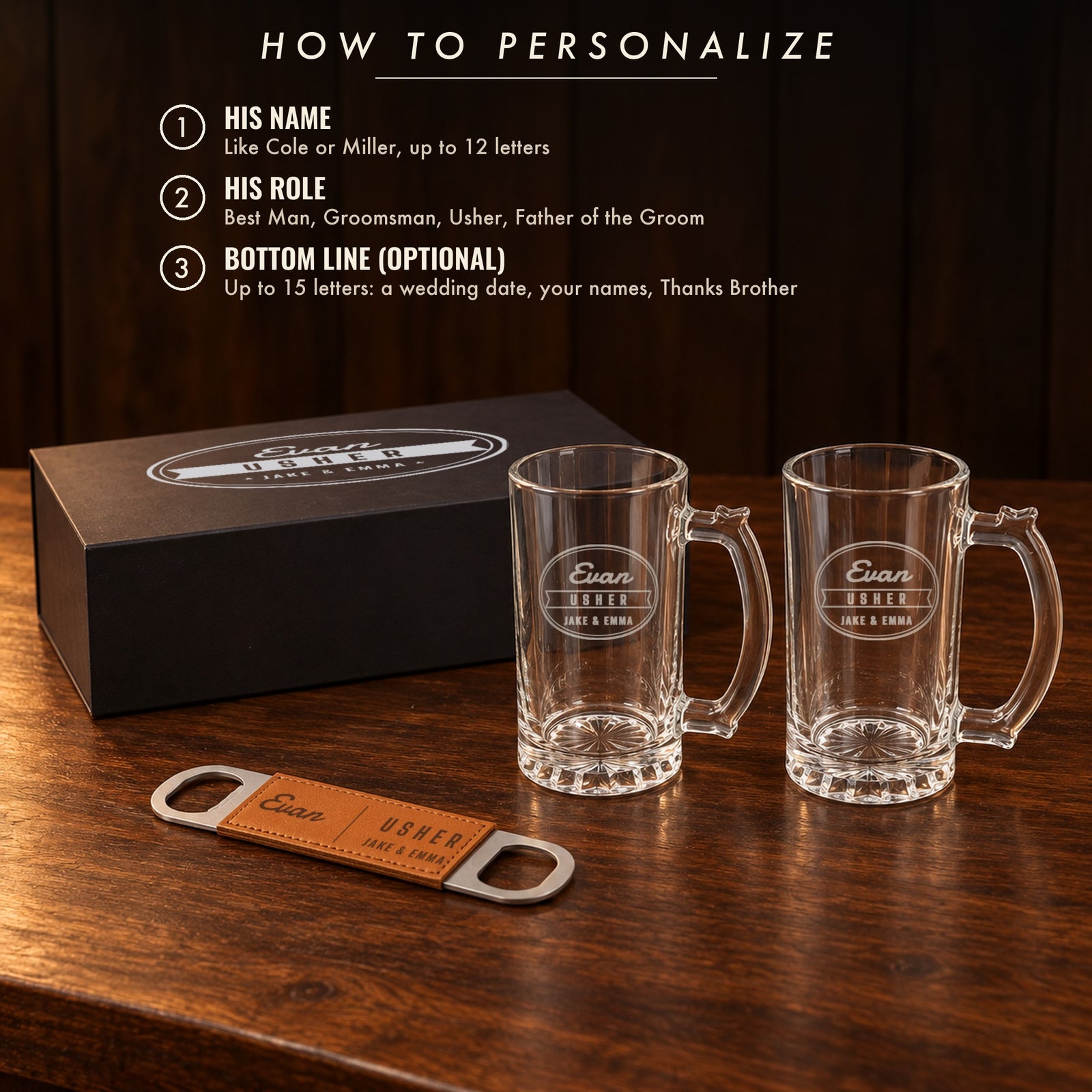 How to personalize the groomsmen beer mug set: his name, his role in the wedding and an optional bottom line of up to 15 letters