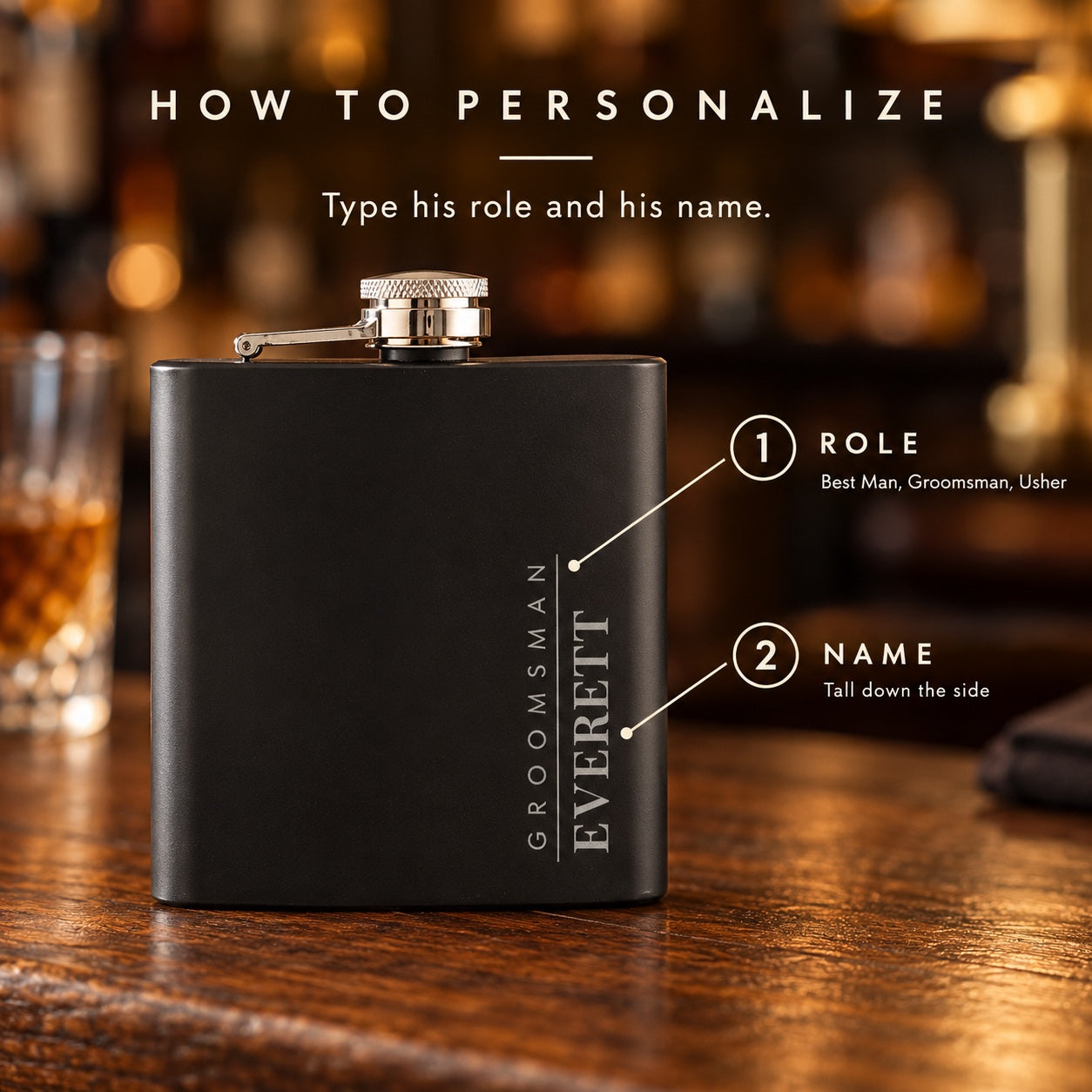How to personalize the groomsmen flask: step 1 is his role, like Best Man, Groomsman or Usher, and step 2 is his name, shown here as GROOMSMAN and EVERETT