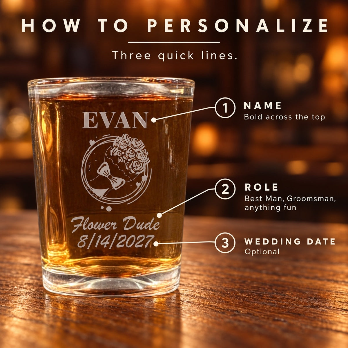 How to personalize the groomsmen shot glass: his name, his role like Best Man or Flower Dude, and an optional wedding date, like EVAN