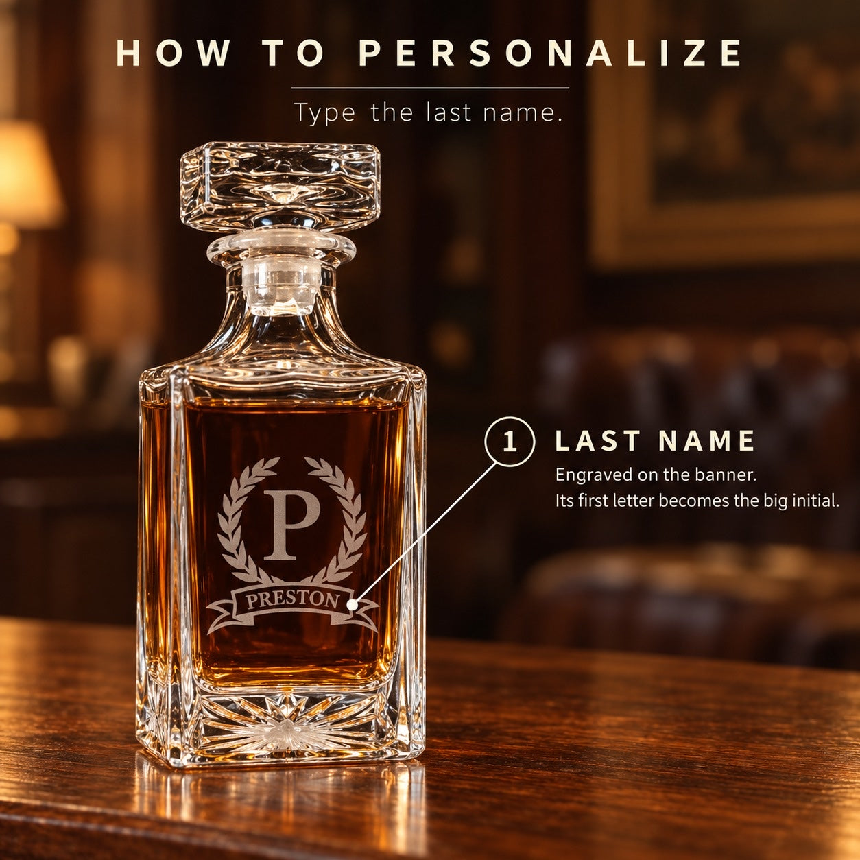 How to personalize the decanter: type the last name for the ribbon banner and its first letter becomes the big initial in the wreath, like PRESTON
