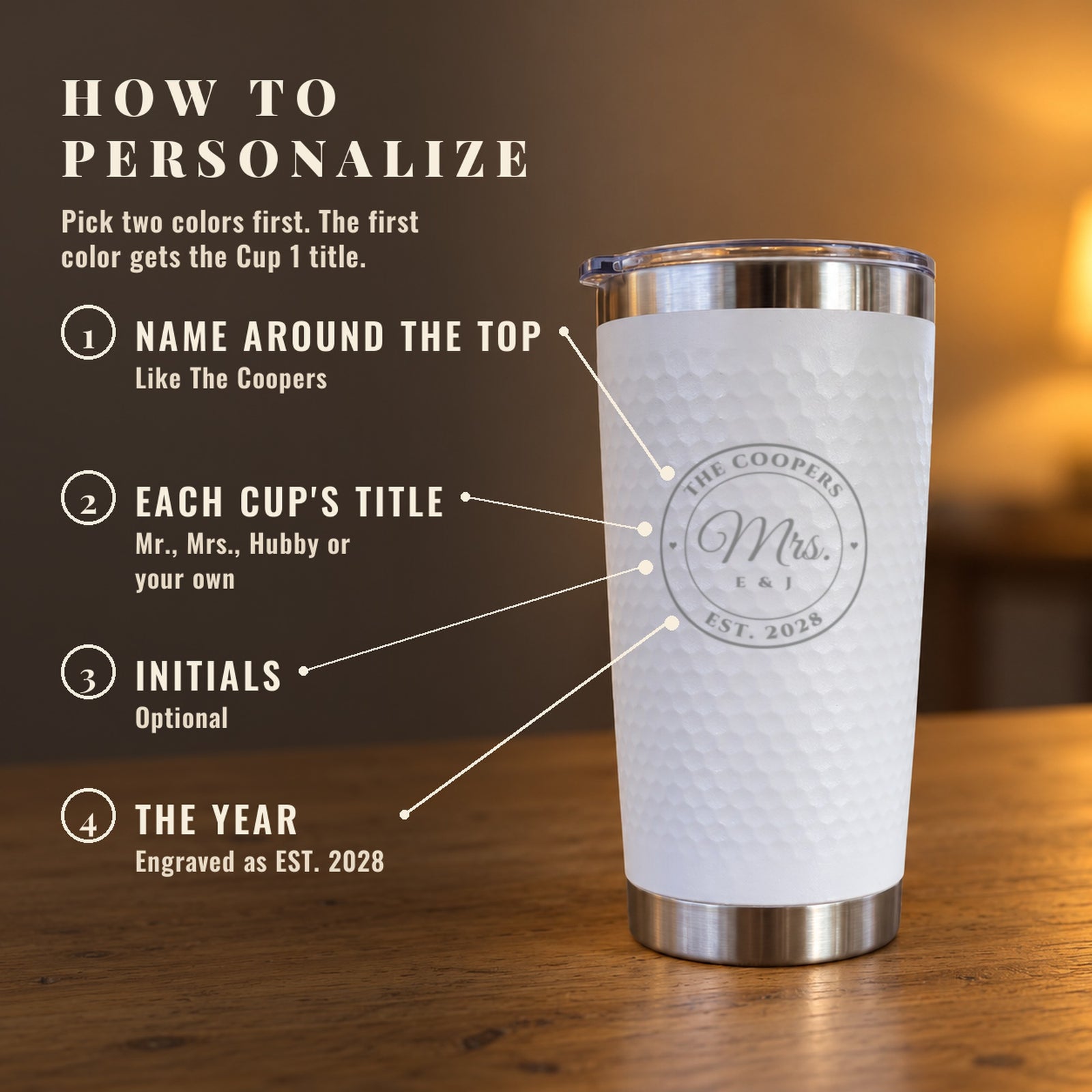 Personalizing a wedding gift for the couple: their last name on top, a title for each cup, optional initials and EST. with the year