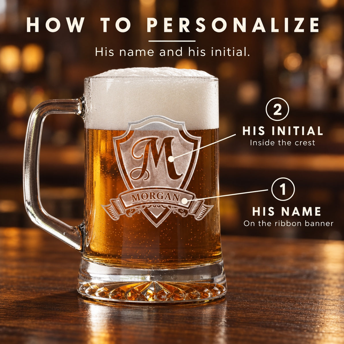 How to personalize the pub beer mug: his name on the ribbon banner and his initial inside the crest, sand-carved into a heavy glass mug.