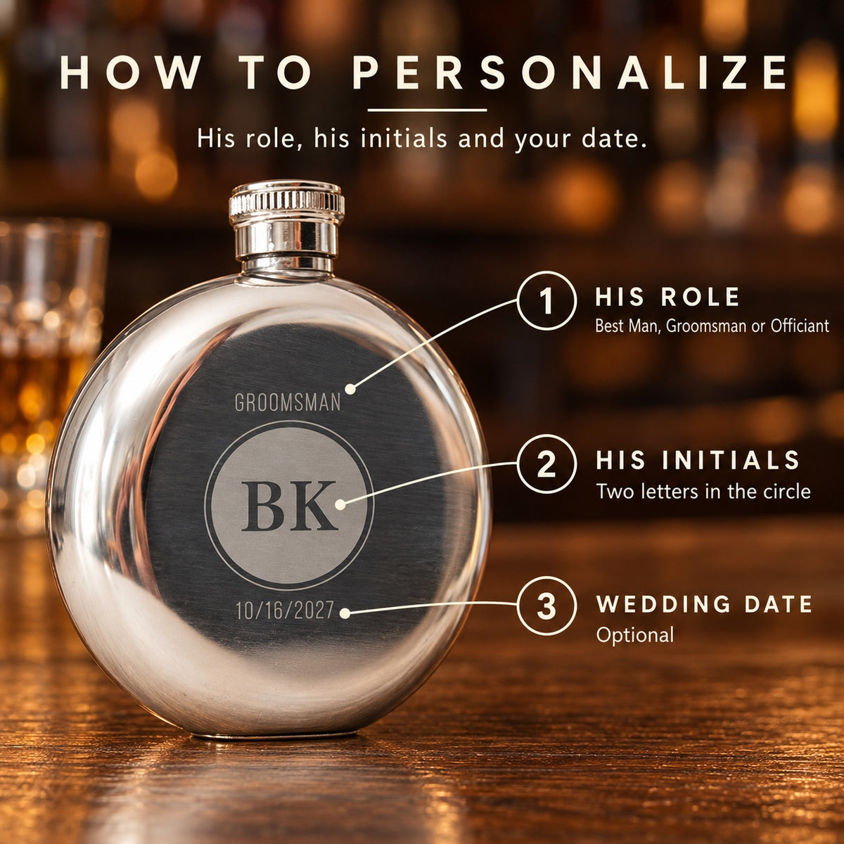 How to personalize the round monogram flask: his role on top, his two initials in the circle and an optional wedding date, engraved GROOMSMAN BK 10/16/2027.