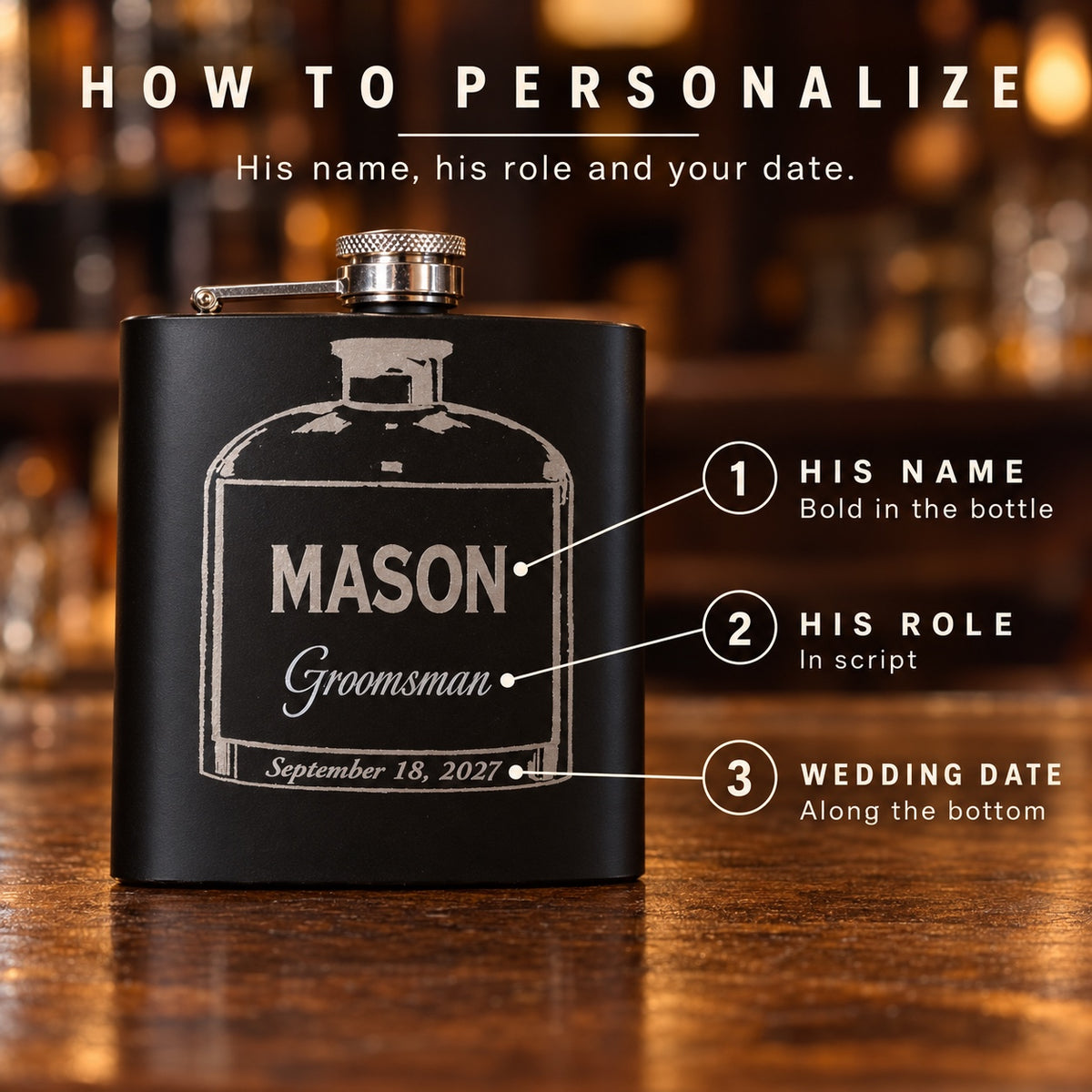 How to personalize the Twist and Shoot flask: his name bold in the bottle, his role in script, and your wedding date along the bottom of the design.