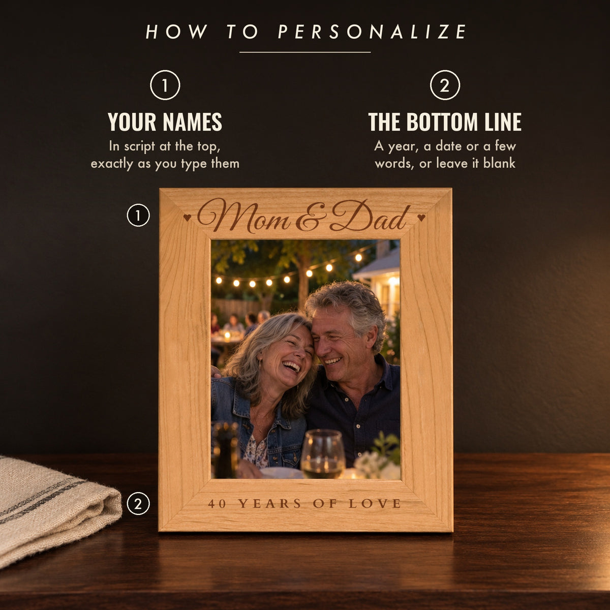 How to personalize the wedding picture frame: names in script along the top and an optional bottom line, shown as Mom & Dad with 40 Years of Love
