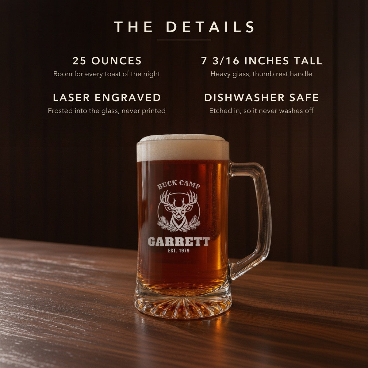 Details card for the hunting camp beer stein: 25 ounces, 7 3/16 inches tall, laser engraved, dishwasher safe: Buck Camp, Garrett, Est. 1979