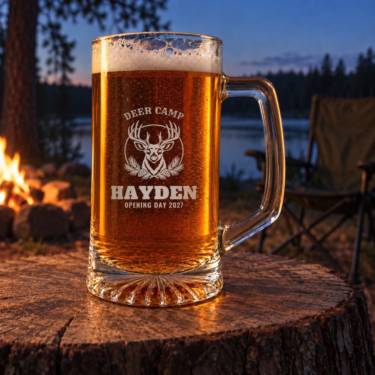 Personalized hunting camp beer stein in a real setting, engraved with a whitetail buck and pine boughs: Deer Camp, Hayden, Opening Day 2027