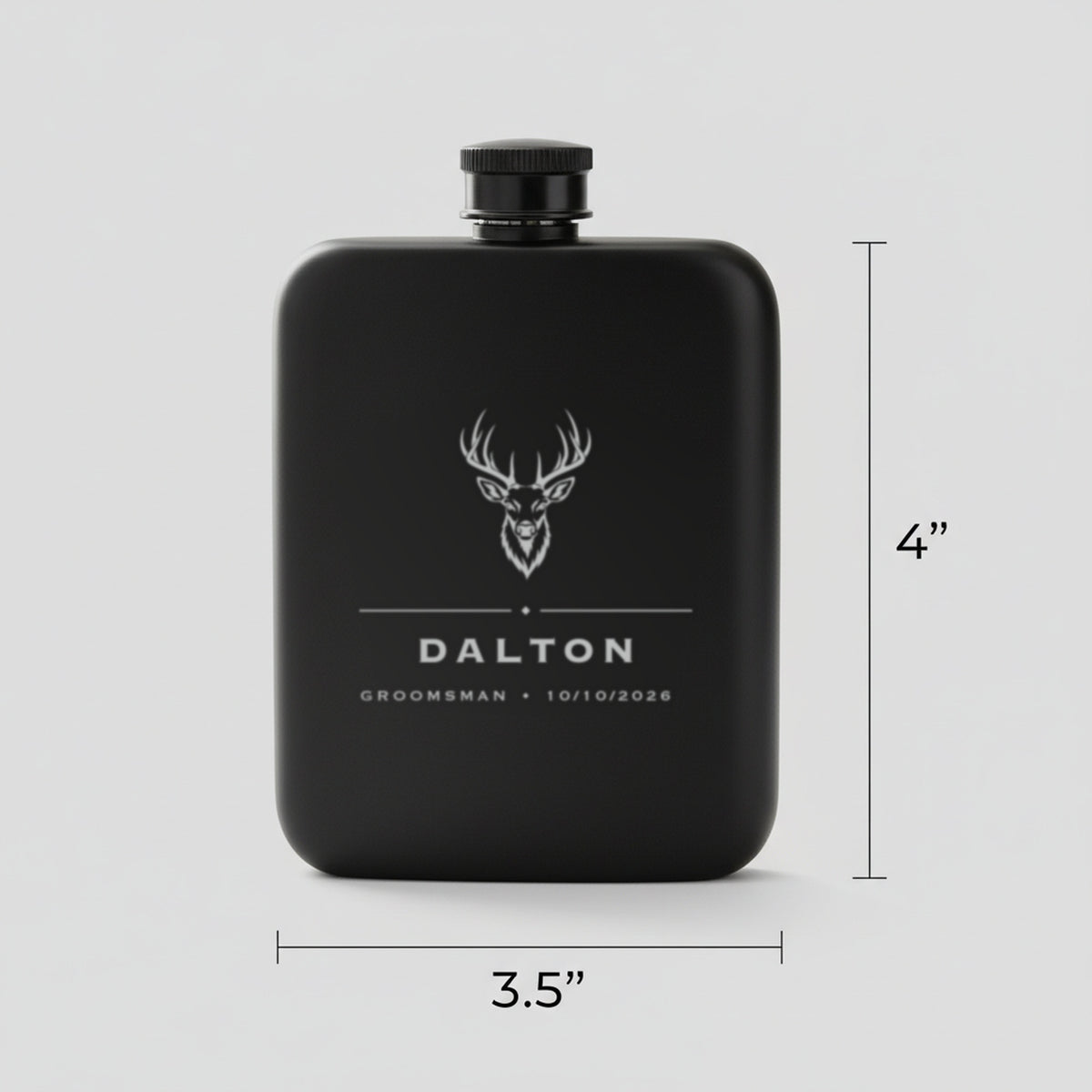 Size guide for the personalized hunting groomsmen flask, 3.5 inches wide by 4 inches tall, holding 6 ounces of whiskey.