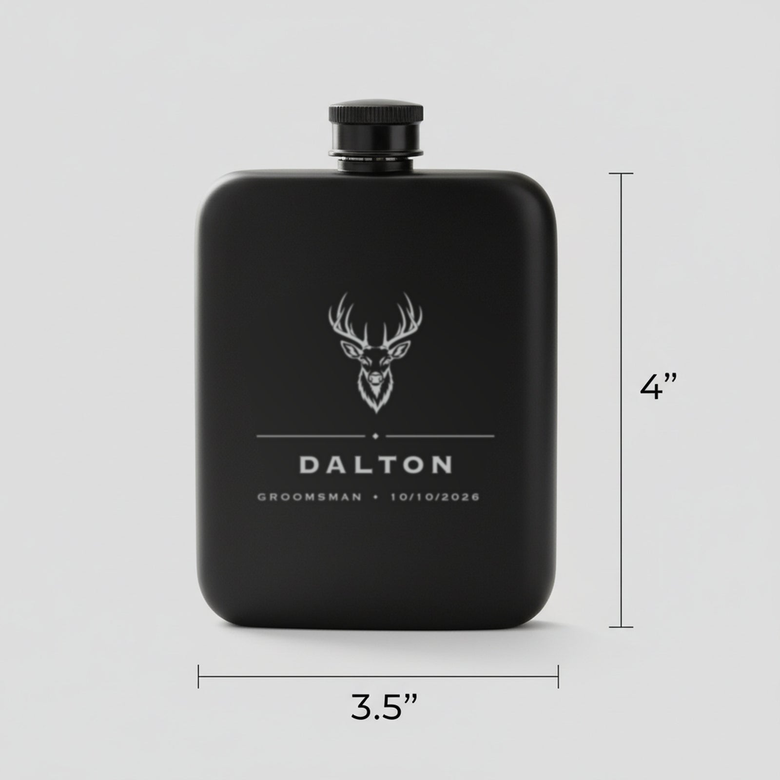 Size guide for the personalized hunting groomsmen flask, 3.5 inches wide by 4 inches tall, holding 6 ounces of whiskey.