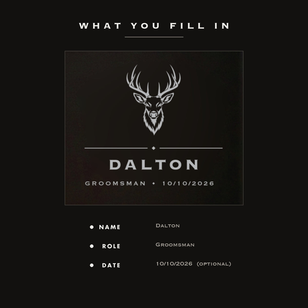 The three personalization fields on the hunting flask, his name, his wedding role and an optional wedding date.