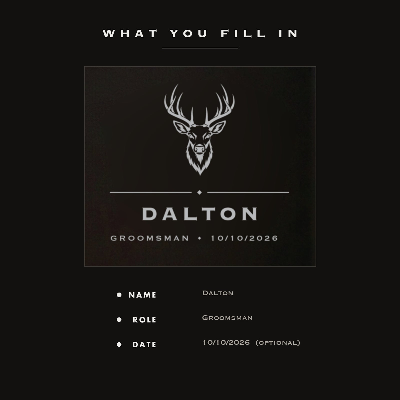 The three personalization fields on the hunting flask, his name, his wedding role and an optional wedding date.