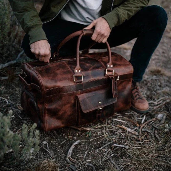 Unique Personalized Top Grain Leather Weekender Duffel Customized Duffle Bag Gifts for Men by Groovy Guy