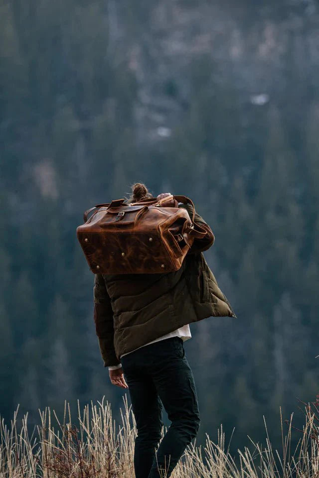 Unique Personalized Top Grain Leather Weekender Duffel Customized Duffle Bag Gifts for Men by Groovy Guy
