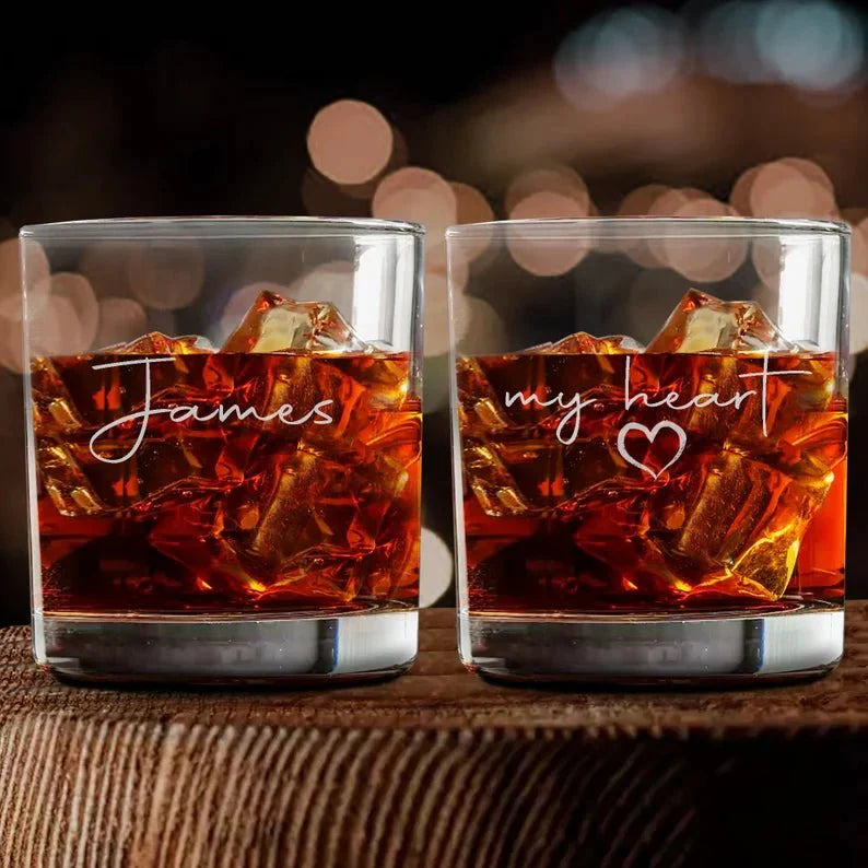 Personalized My Heart whiskey glass with custom name and heartfelt message, laser engraved on premium glass – perfect for Valentine’s Day, anniversaries, or weddings.