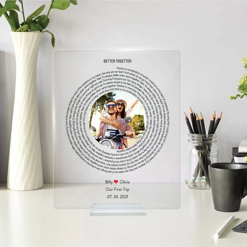 Custom song lyric plaque gift with personalized message and scannable music code