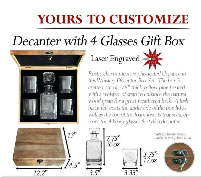 Unique Personalized Custom Whiskey Decanter &amp; Glasses Set Customized Whiskey Glass Set Gifts for Men by Groovy Guy