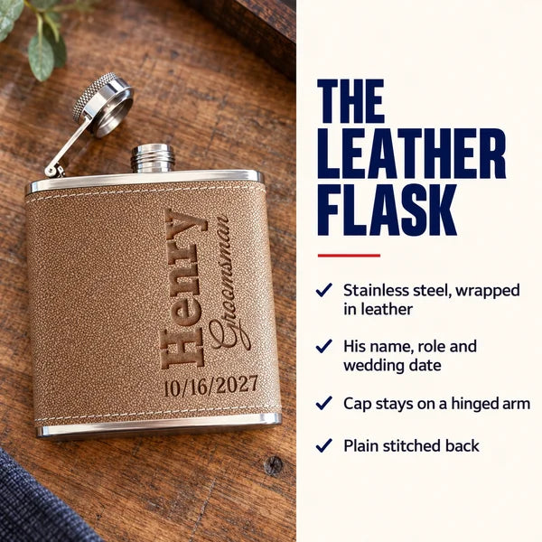 Brown leather flask with stainless steel trim, engraved with sample name "Henry Groomsman" and date "10/16/2027