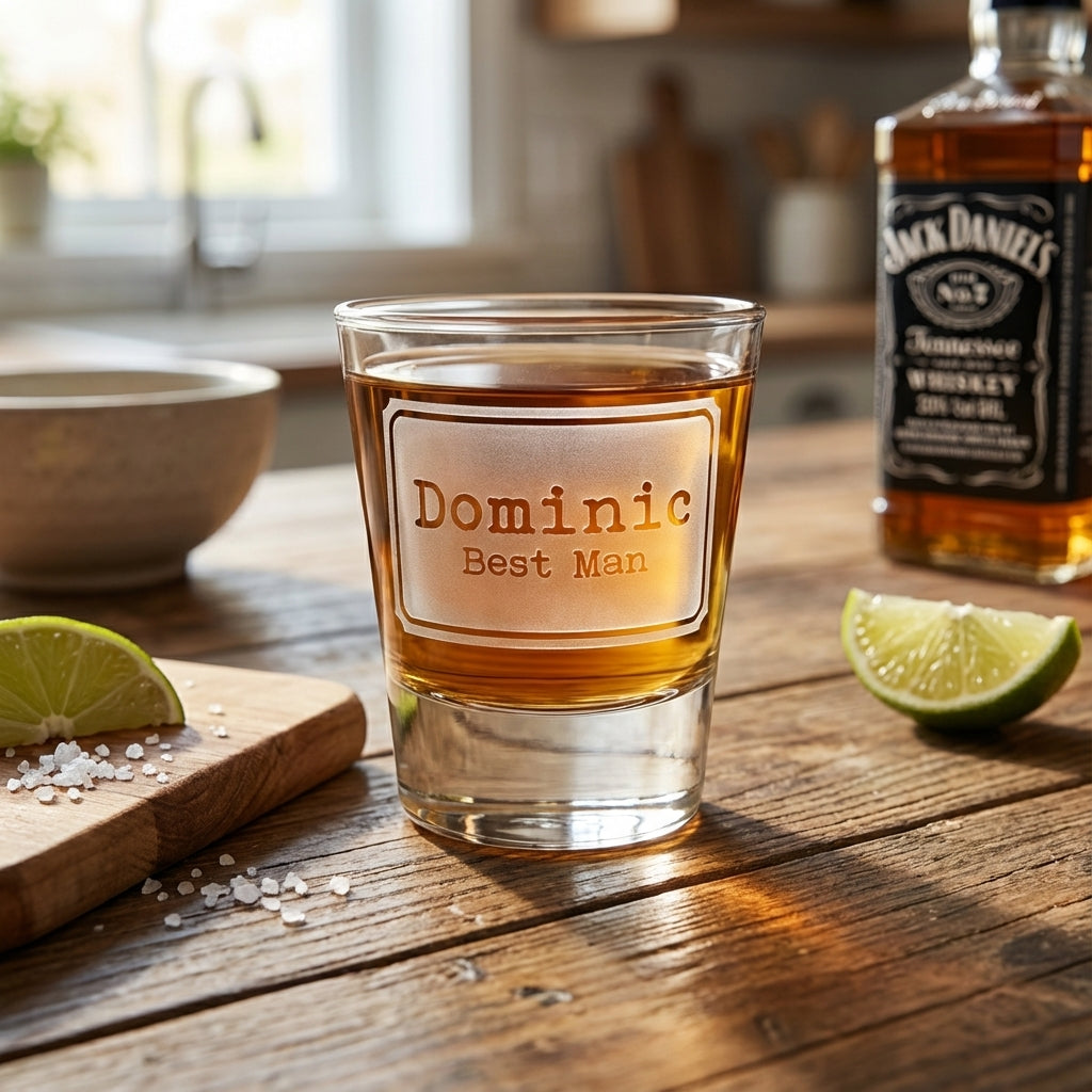 Modern Man personalized shot glass with sand-carved modern engraving