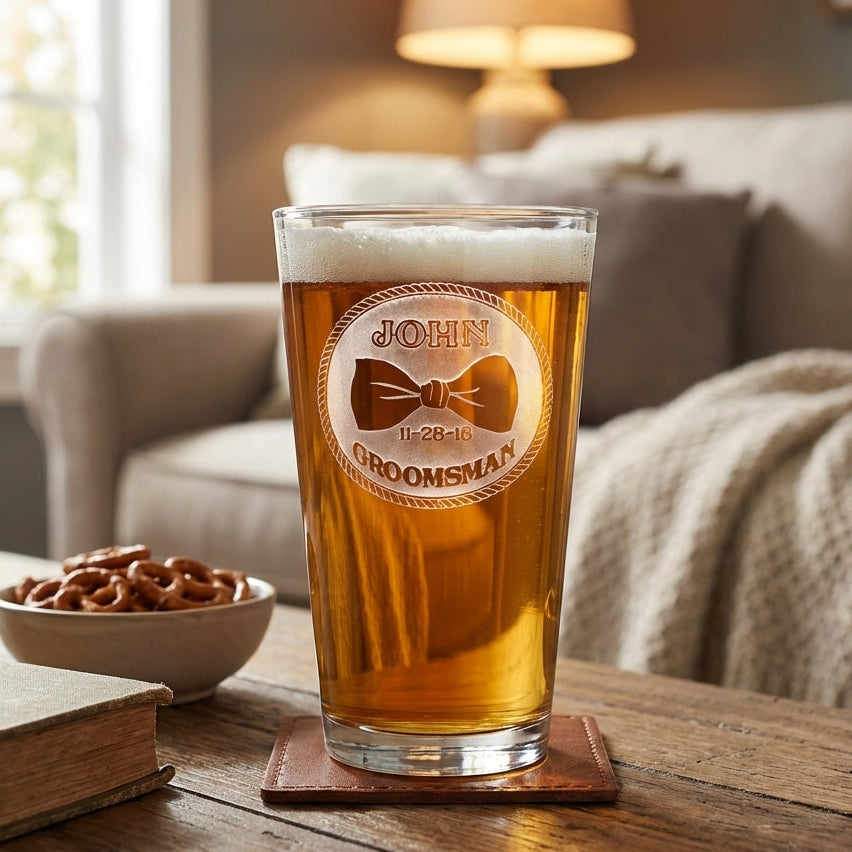 Bowtie personalized beer glass with sand-carved tuxedo bowtie design