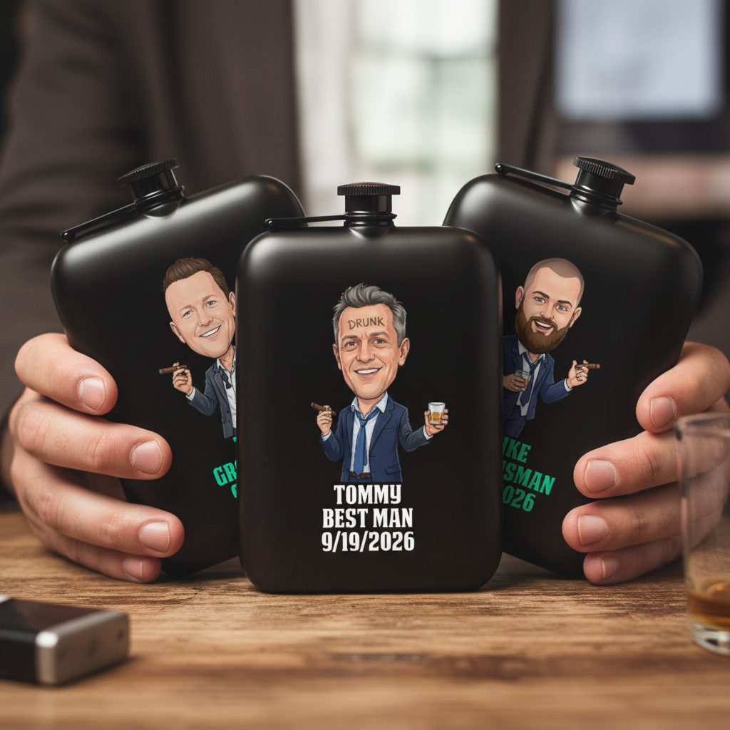 Three black flasks held in hands, each featuring custom caricature designs with sample names "TOMMY BEST MAN 9/19/2026" on center flask and partial text on side flasks