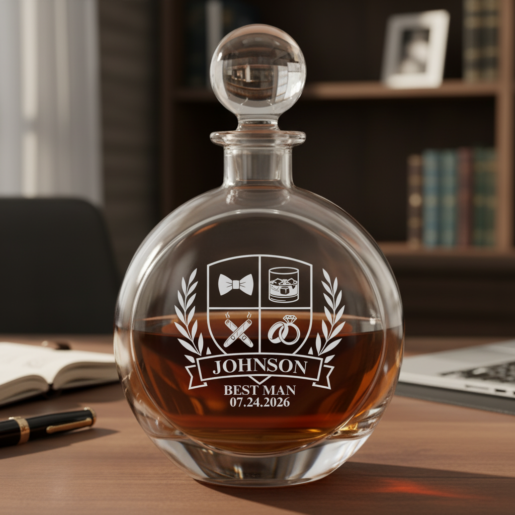 Clear glass decanter with spherical stopper filled with amber whiskey, engraved with sample design "JOHNSON BEST MAN 07.24.2026" and decorative crest featuring top hat, whiskey glass, cigars, cufflinks, and laurel wreath motif.