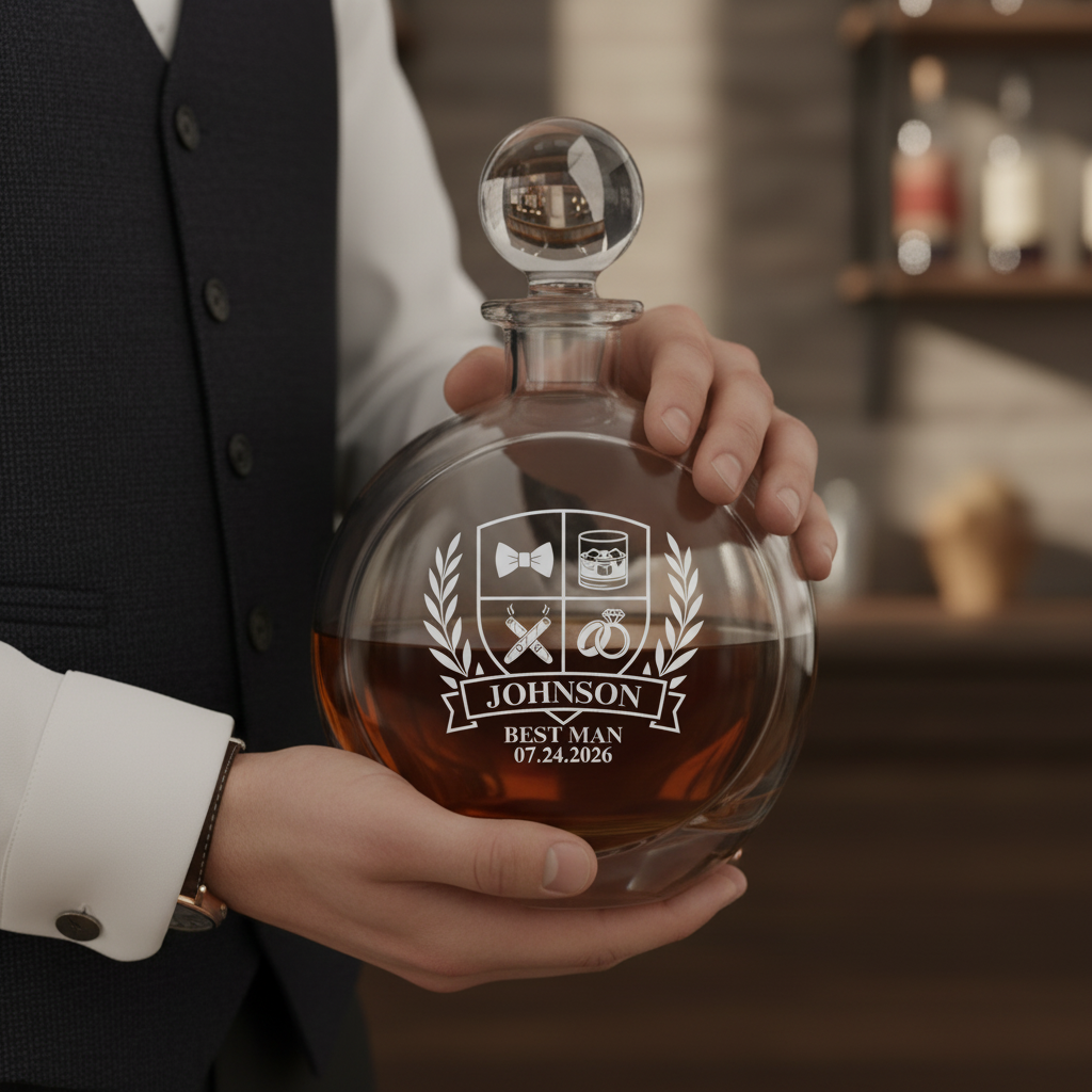 Round-bottomed decanter with crystal stopper held in hands, engraved with sample design "JOHNSON BEST MAN 07.24.2026" and crest featuring bow tie, whiskey glass, tools, and laurel wreath.