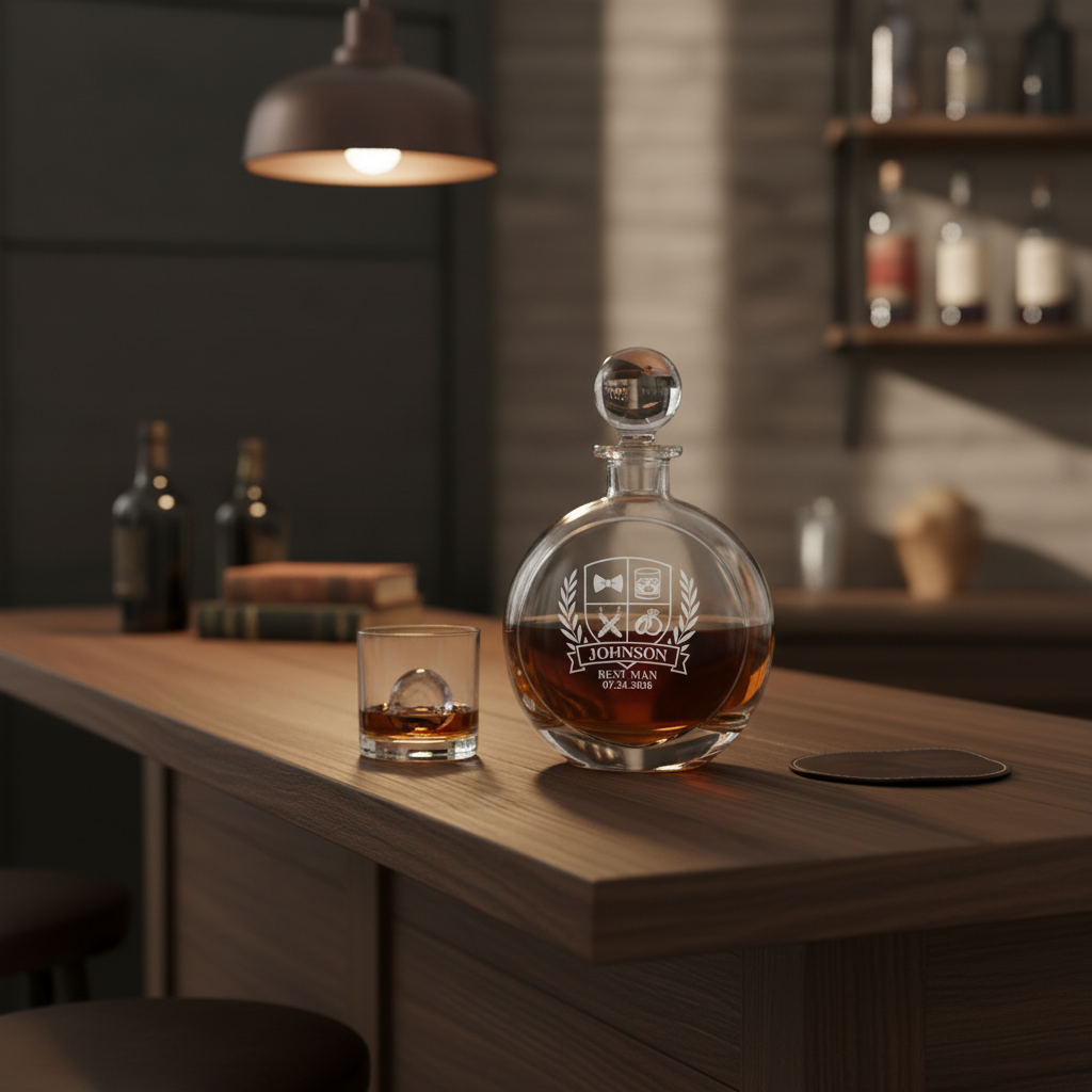 Engraved decanter with sample design "Johnson Next Man 07.24.2025" and crest motif, filled with whiskey and displayed alongside a pour glass on wooden table