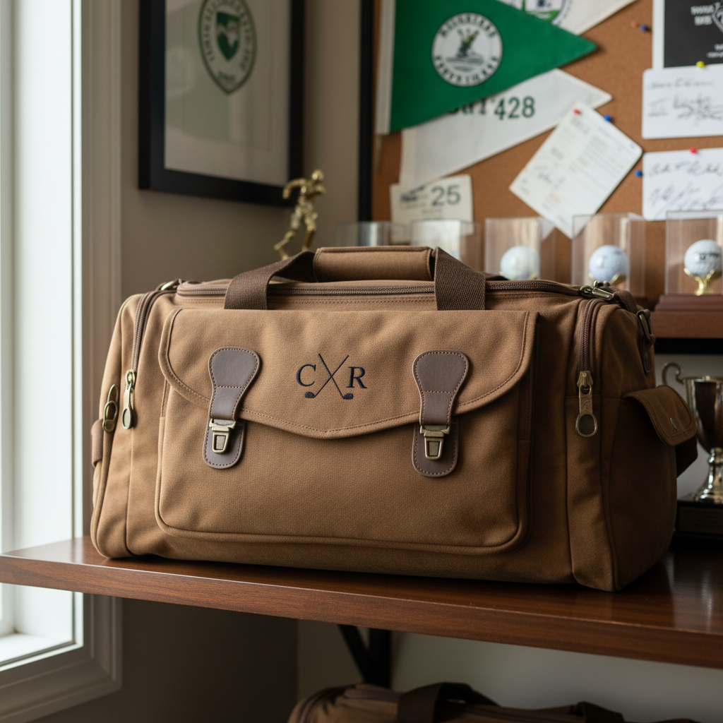 Tan canvas duffle bag with leather handles and trim, monogrammed with sample initials "CXR" and crossed golf clubs design, displayed on wooden desk