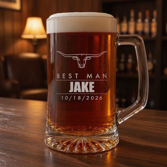 Personalized groomsmen beer stein on a home bar, a longhorn engraved over Best Man, the name Jake in bold and the wedding date 10/18/2026