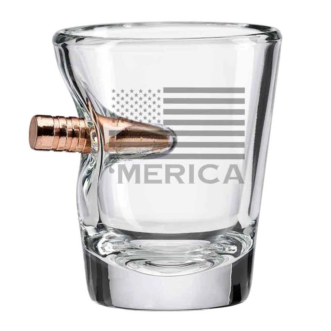 2oz shot glass with embedded .308 bullet and engraved ‘Merica logo