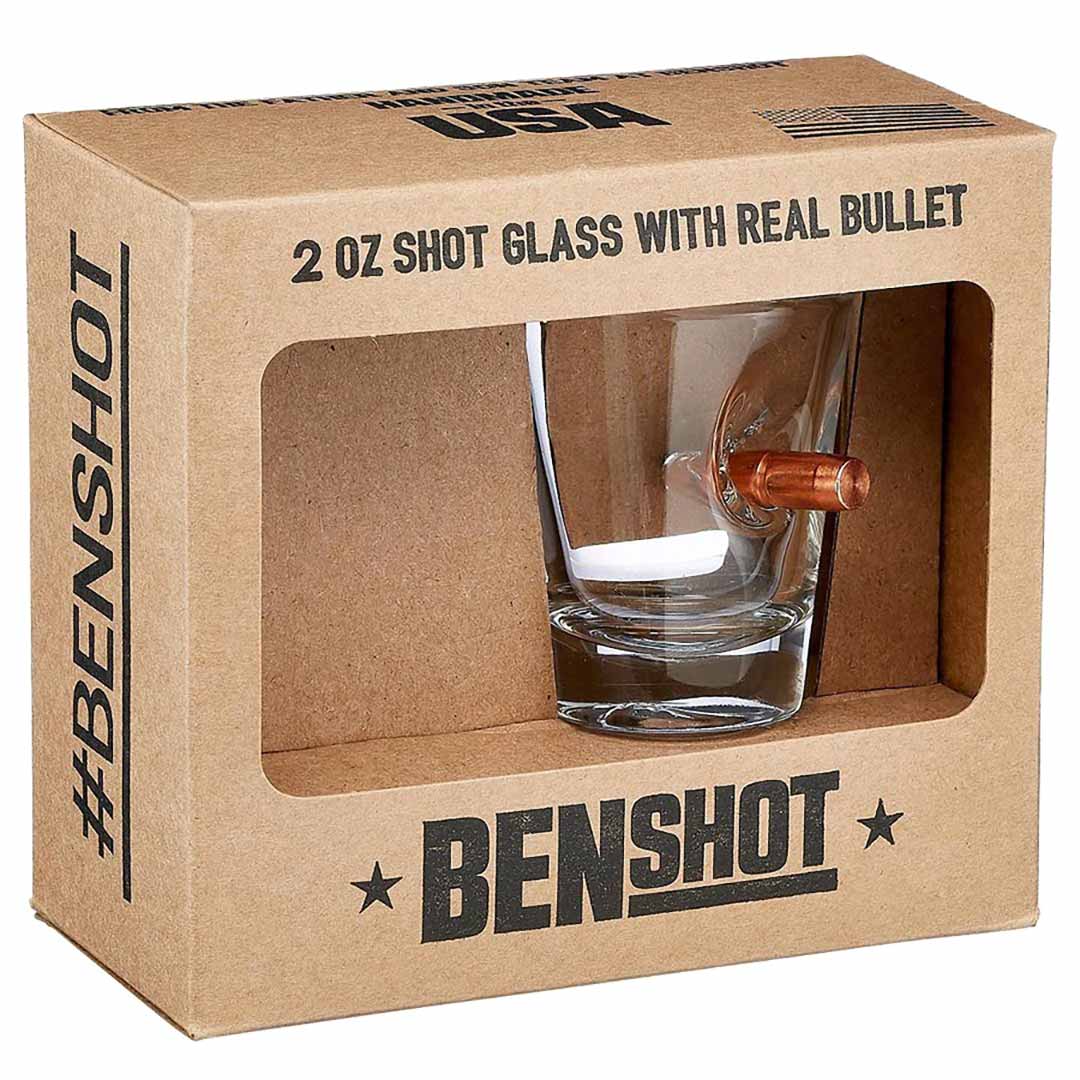 2oz shot glass with embedded .308 bullet and engraved ‘Merica logo