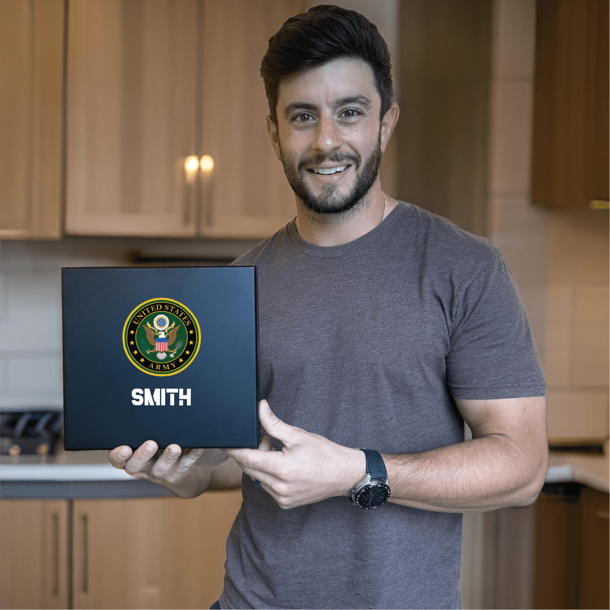 Custom military keepsake box with emblem, name, and message, doubles as cigar humidor