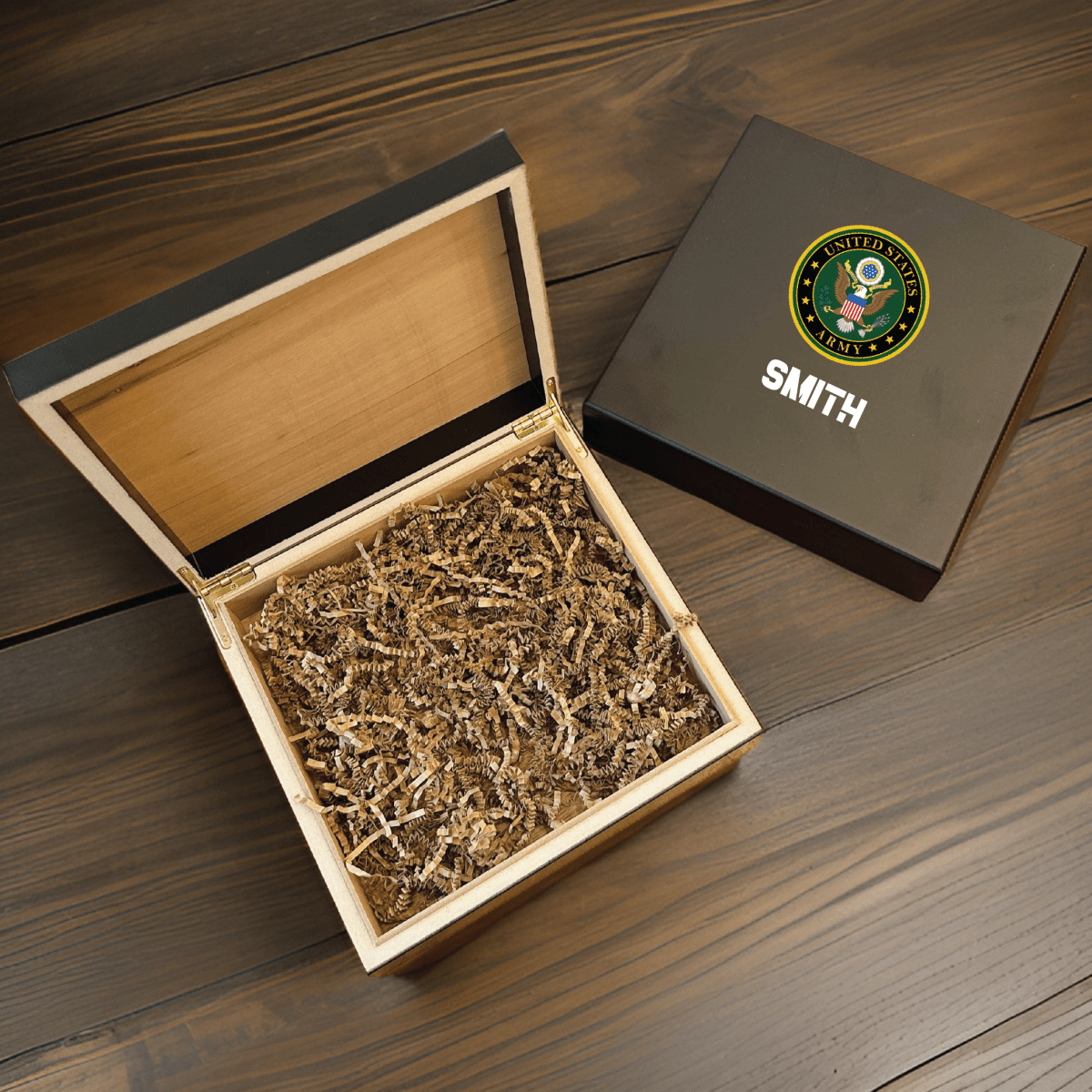 Custom military keepsake box with emblem, name, and message, doubles as cigar humidor