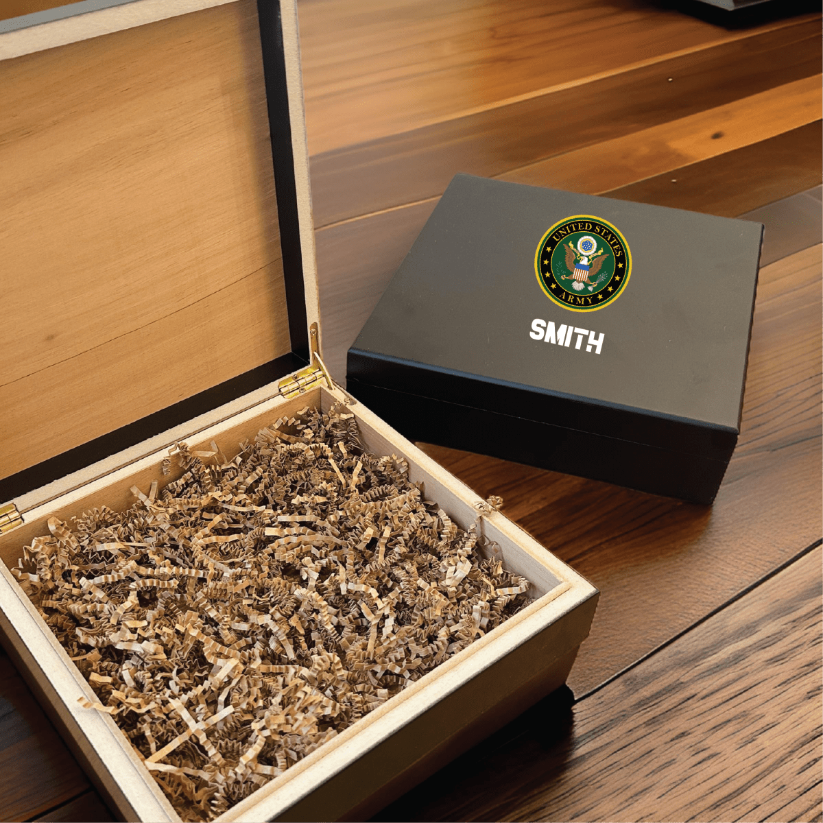 Custom military keepsake box with emblem, name, and message, doubles as cigar humidor