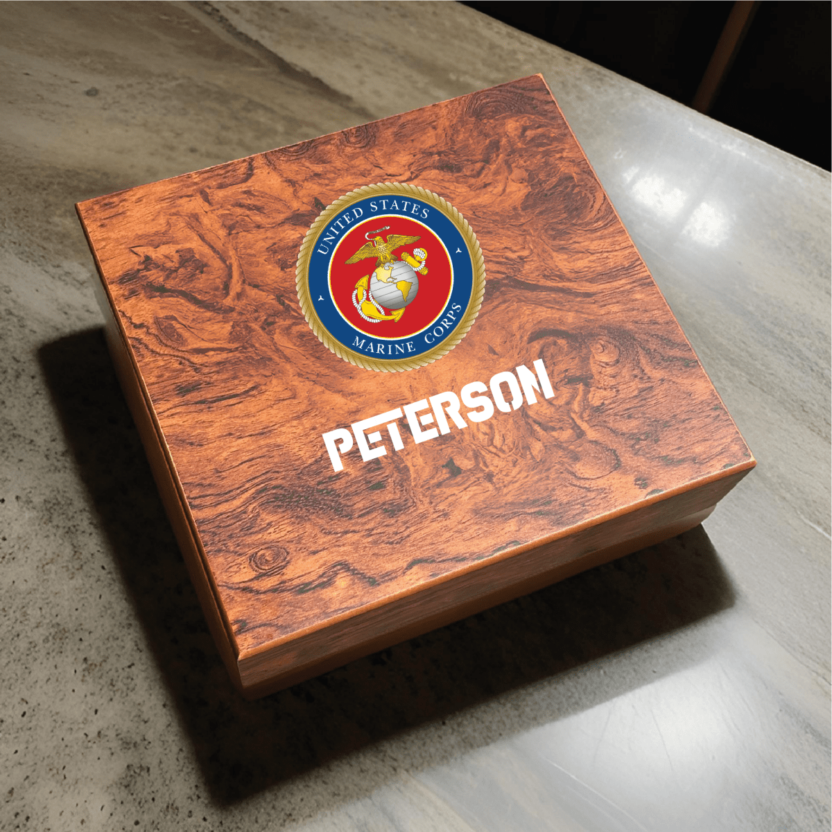 Custom military keepsake box with emblem, name, and message, doubles as cigar humidor