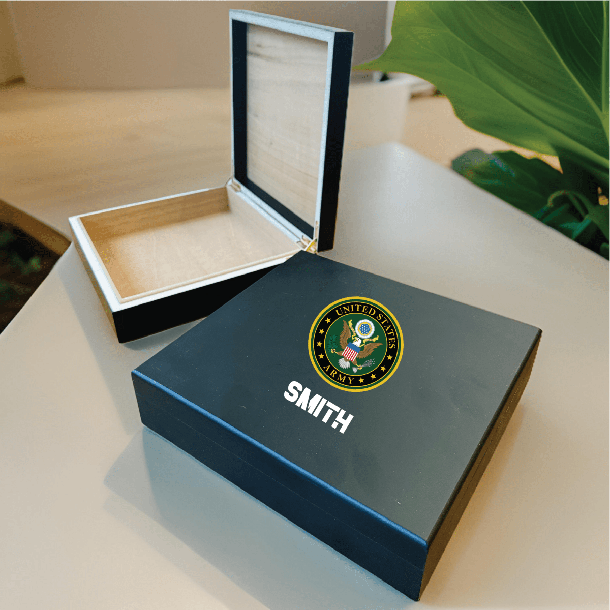 Custom military keepsake box with emblem, name, and message, doubles as cigar humidor