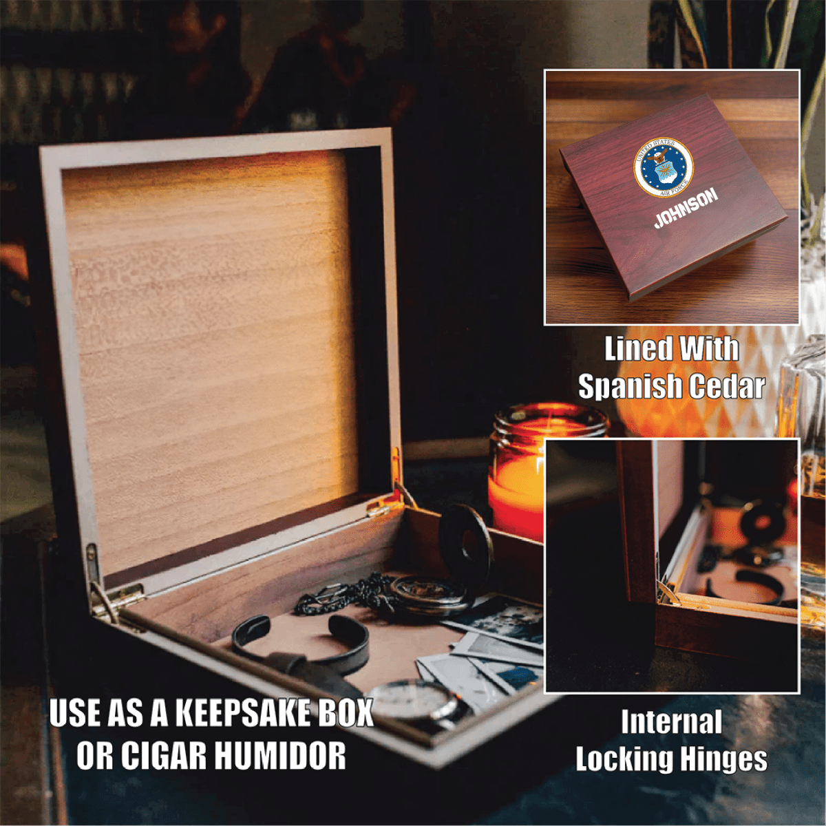 Custom military keepsake box with emblem, name, and message, doubles as cigar humidor