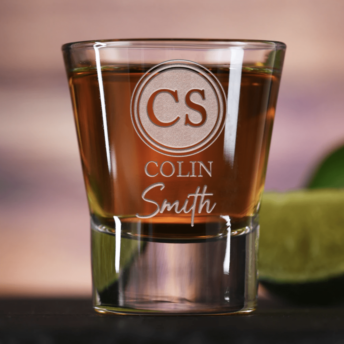 Twin Mark personalized shot glass with sand-carved double initials