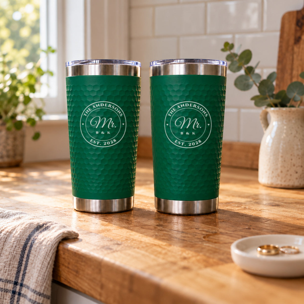 Mr. and Mr. wedding gift for two grooms: matching green engraved tumblers for The Andersons, Est. 2028, on a sunlit butcher block