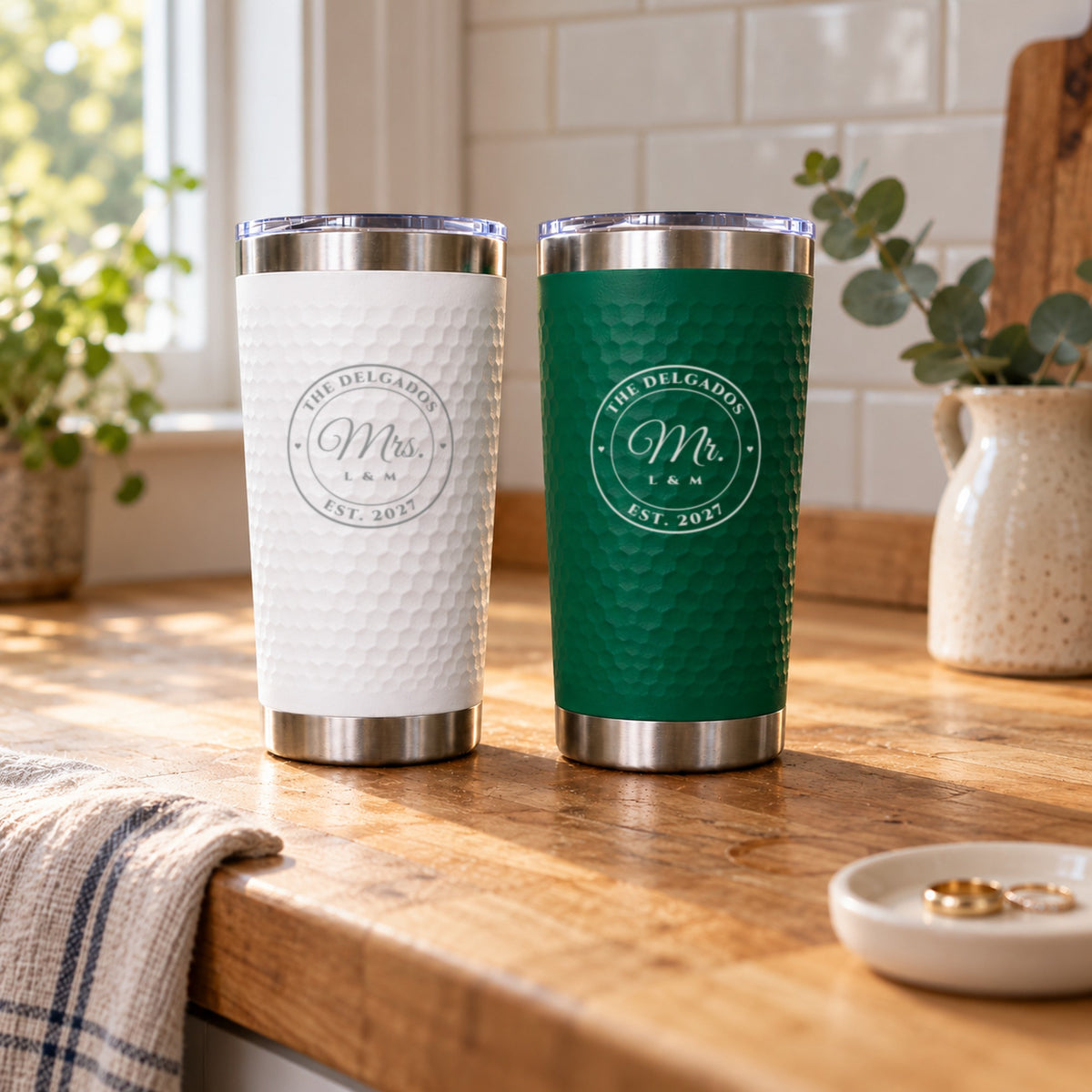 Mr. and Mrs. gift for newlyweds: The Delgados seal on a green and a white tumbler in a bright kitchen, the morning after the wedding