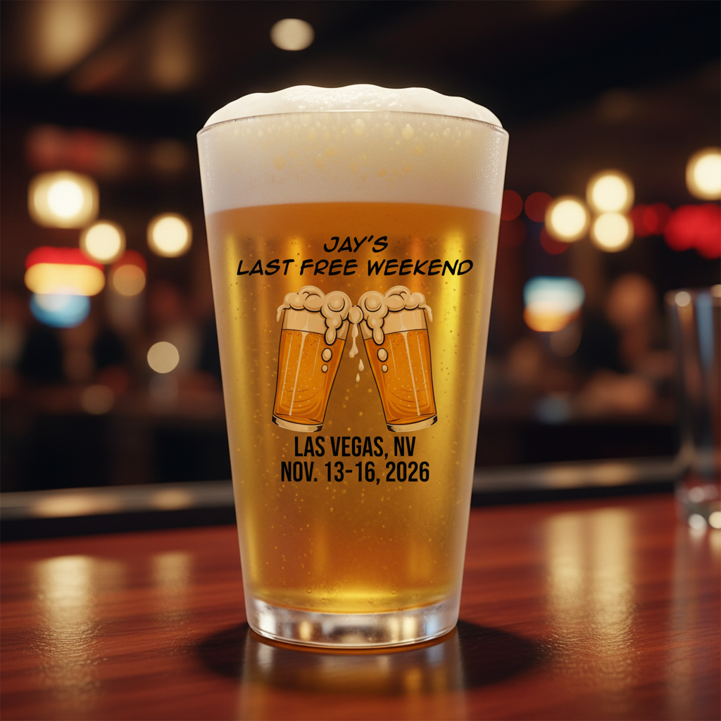 Personalized pint glass filled with beer, engraved with sample text "Jay's Last Free Weekend" and two clinking beer mugs, location and dates "Las Vegas, NV Nov. 13-16, 2026