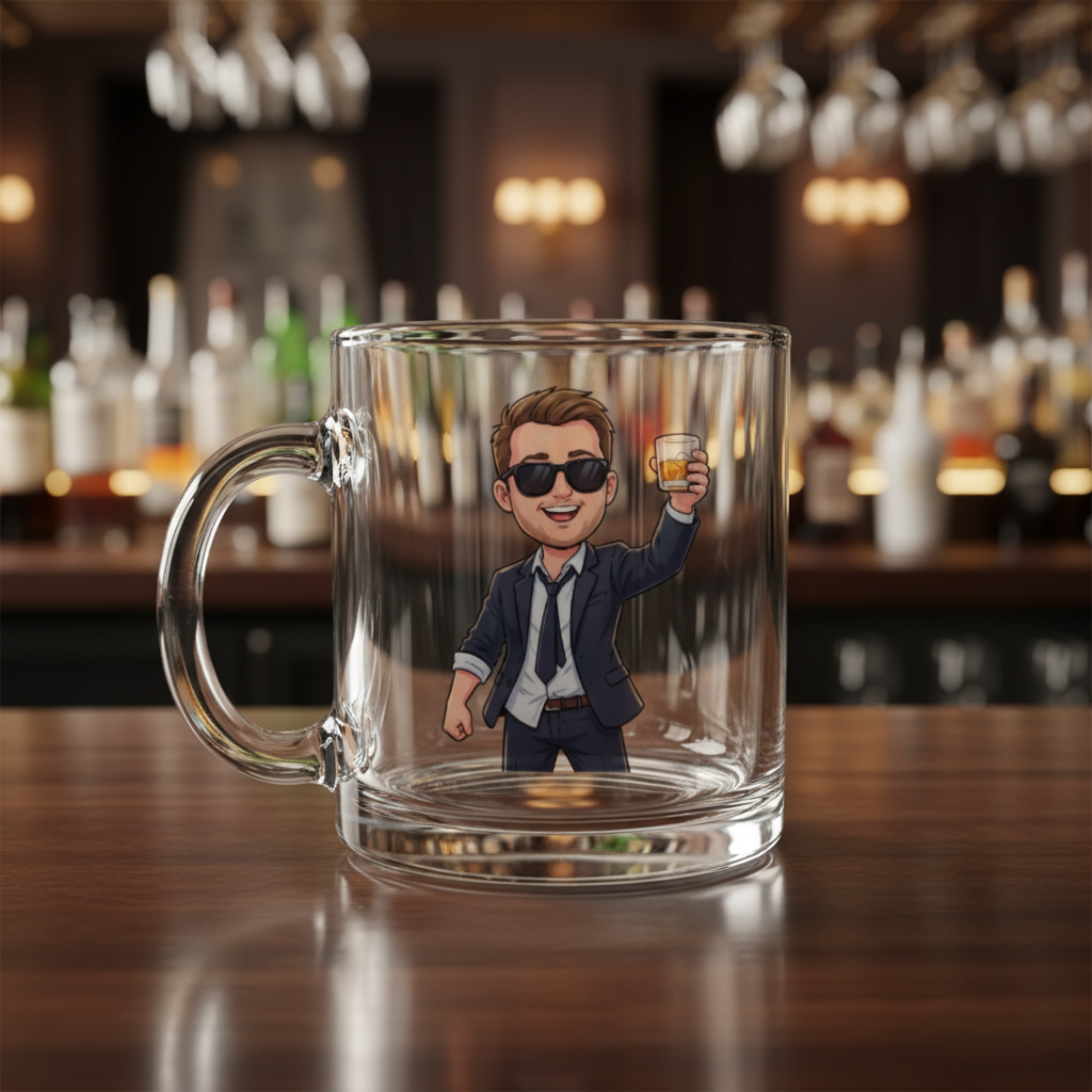Clear glass coffee mug with handle featuring a custom cartoon illustration of a man in sunglasses and navy blazer raising a drink, displayed on bar counter with blurred background