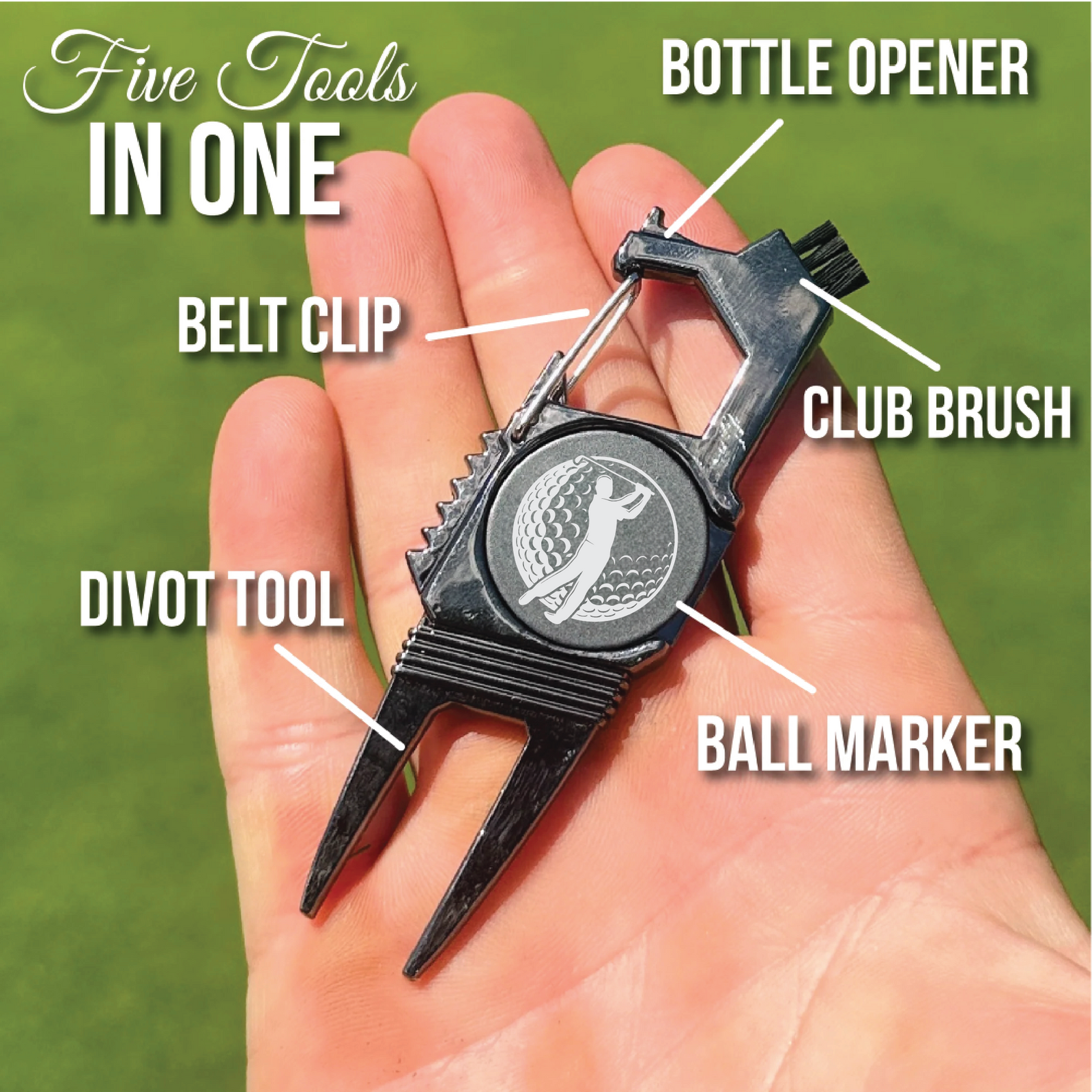 Black multi-tool golf accessory with engraved golf player motif, held in palm, showing five integrated functions including bottle opener, belt clip, divot tool, club brush, and ball marker