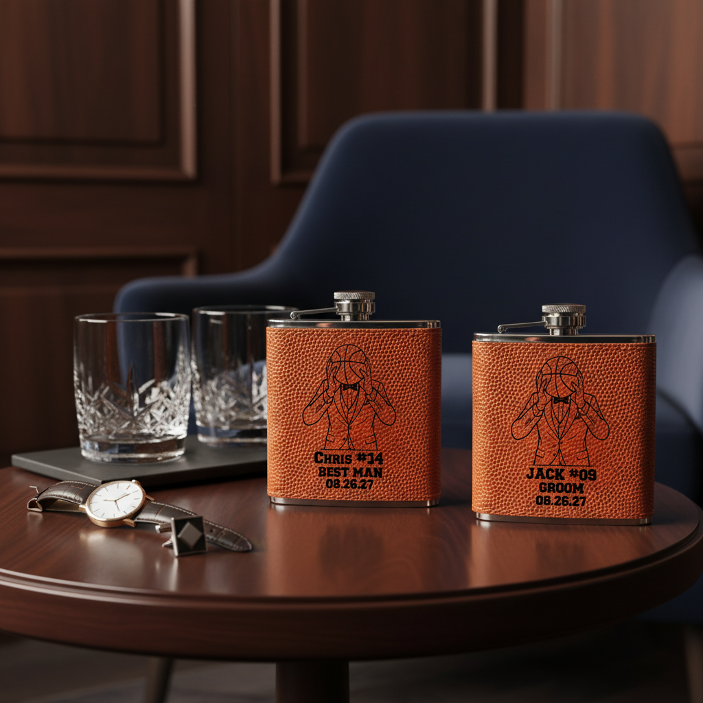 Two orange basketball-textured flasks with personalized laser-engraved text showing sample names "CHRIS #14 BEST MAN 08.26.27" and "JACK #09 GROOM 08.26.27" displayed on round table with crystal glasses.