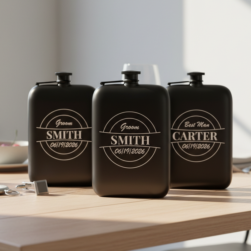Three black flasks with engraved names on a wooden table.